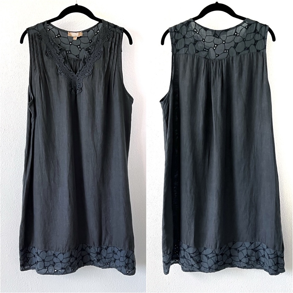 Carla Conti Sleeveless Linen Embroidered Lace Lagenlook Dress Gray Size Large